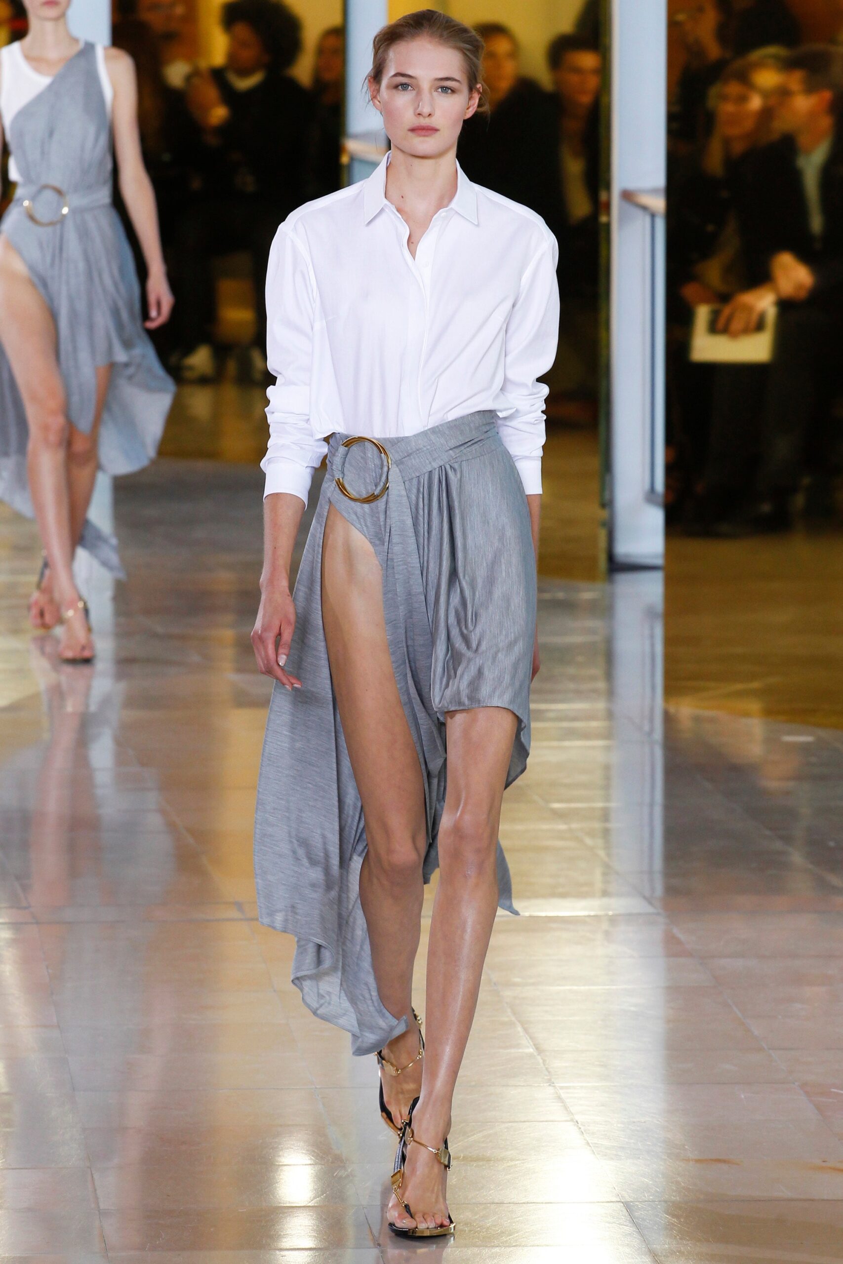 gray silk asymmetric relaxed pleated flowing skirt