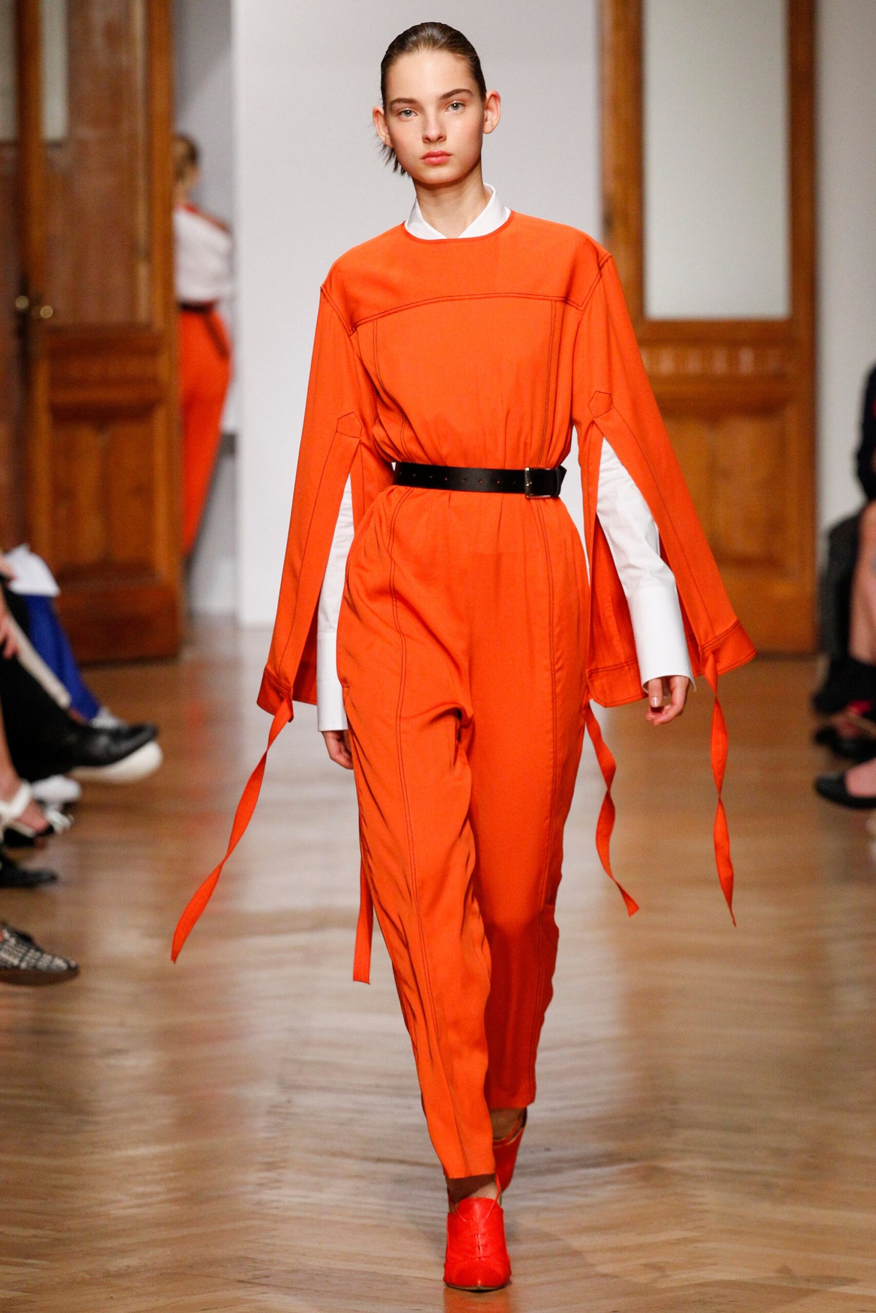 orange cotton long-sleeve collared fitted zippered jumpsuit