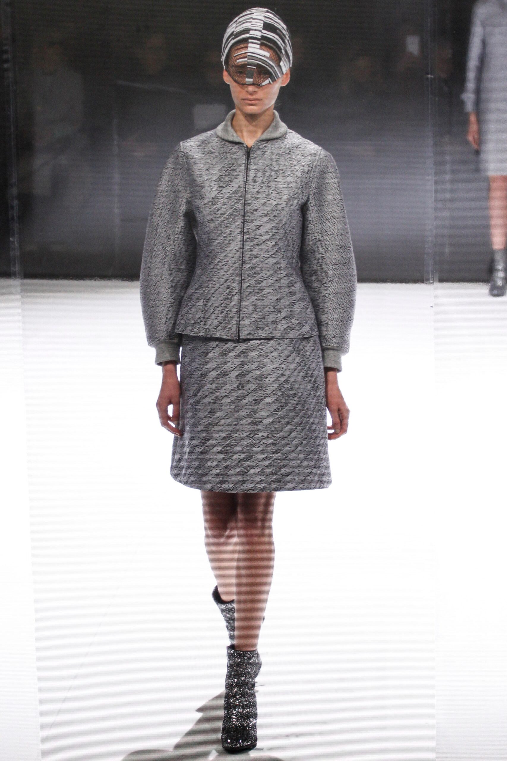 gray tweed fitted dress and jacket