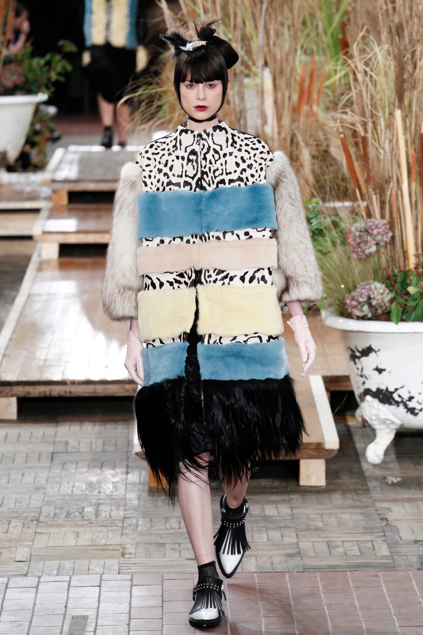 multi-colored fur and leather coat
