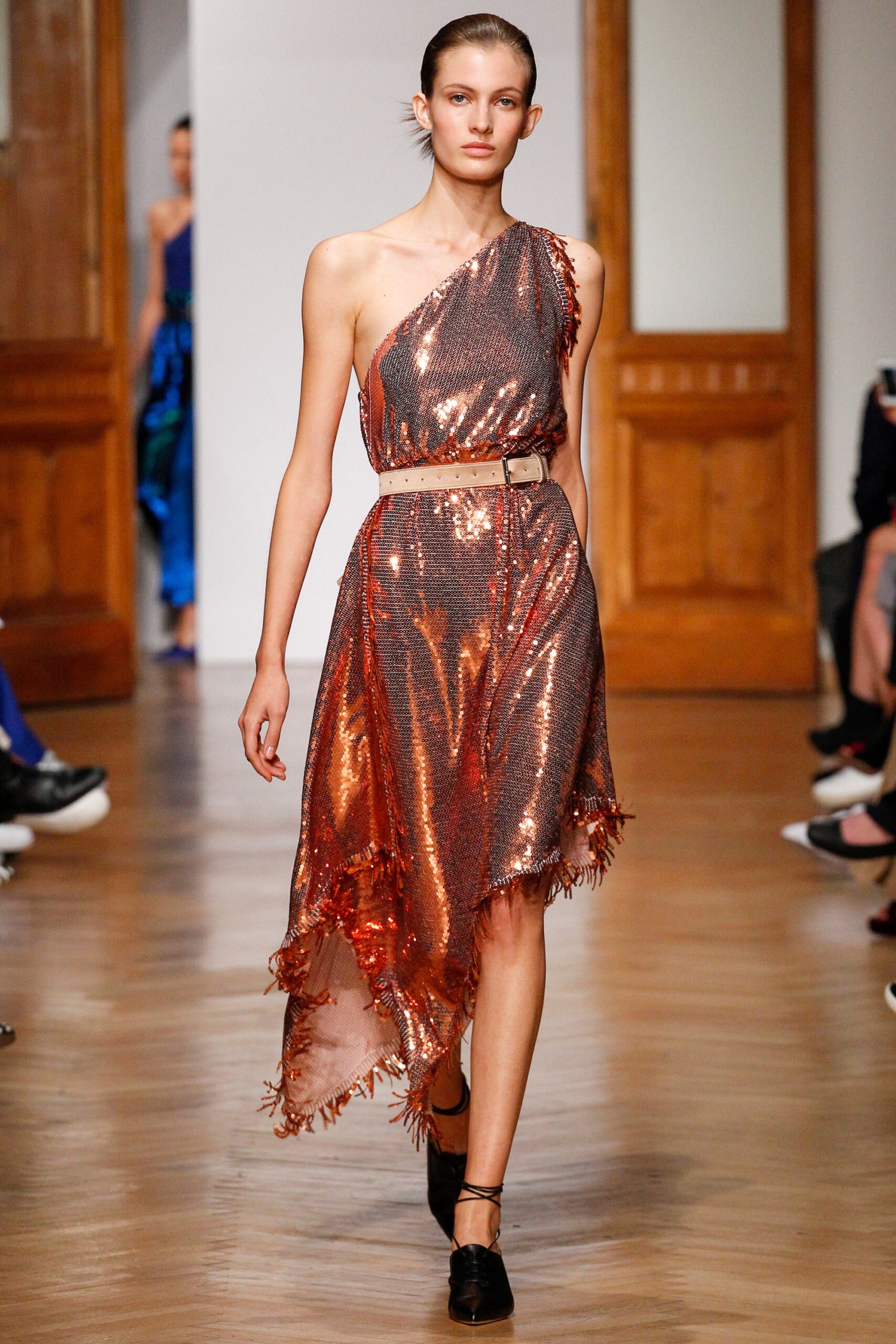 shiny orange gold asymmetric dress