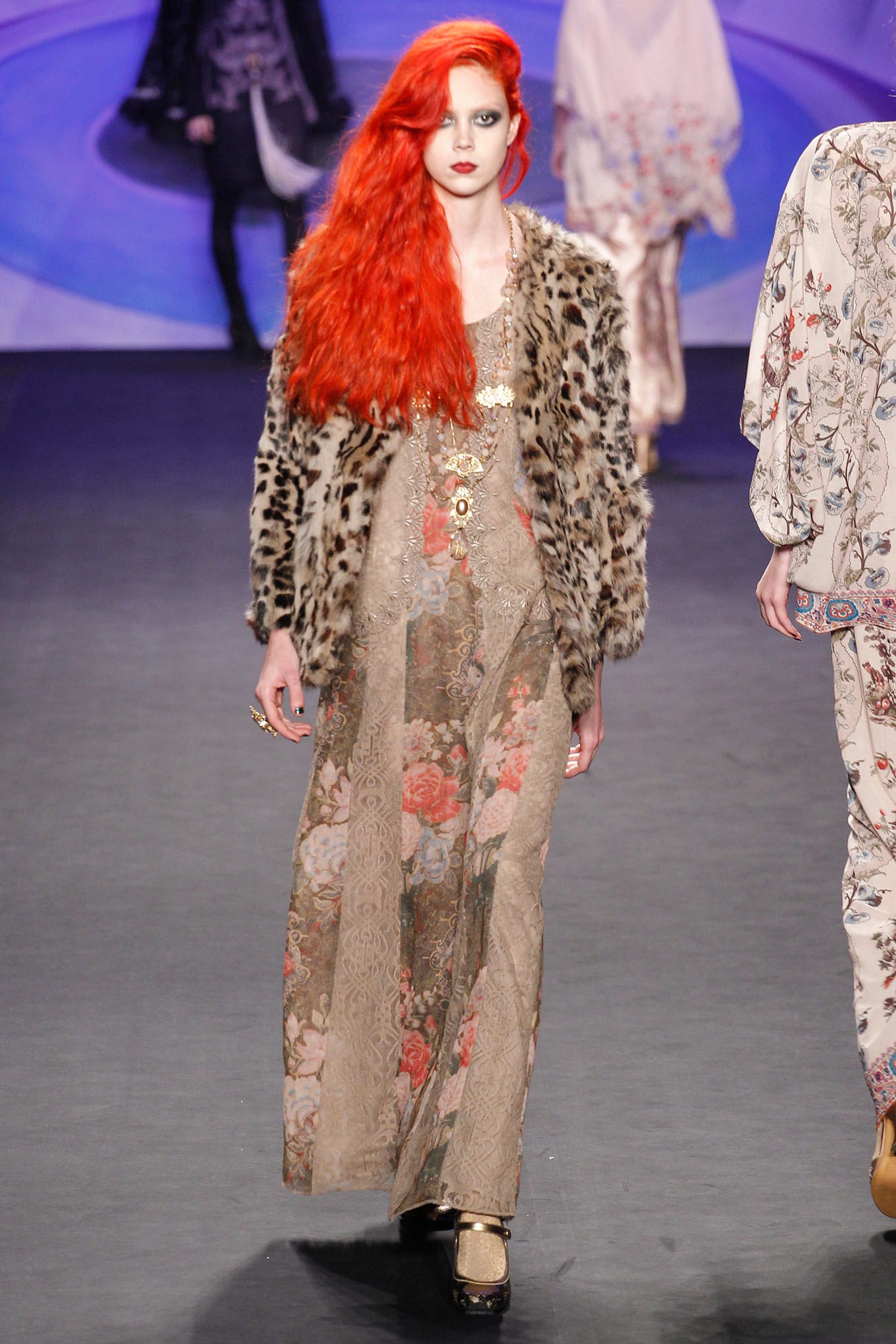 beige silk floral gown with fur coat