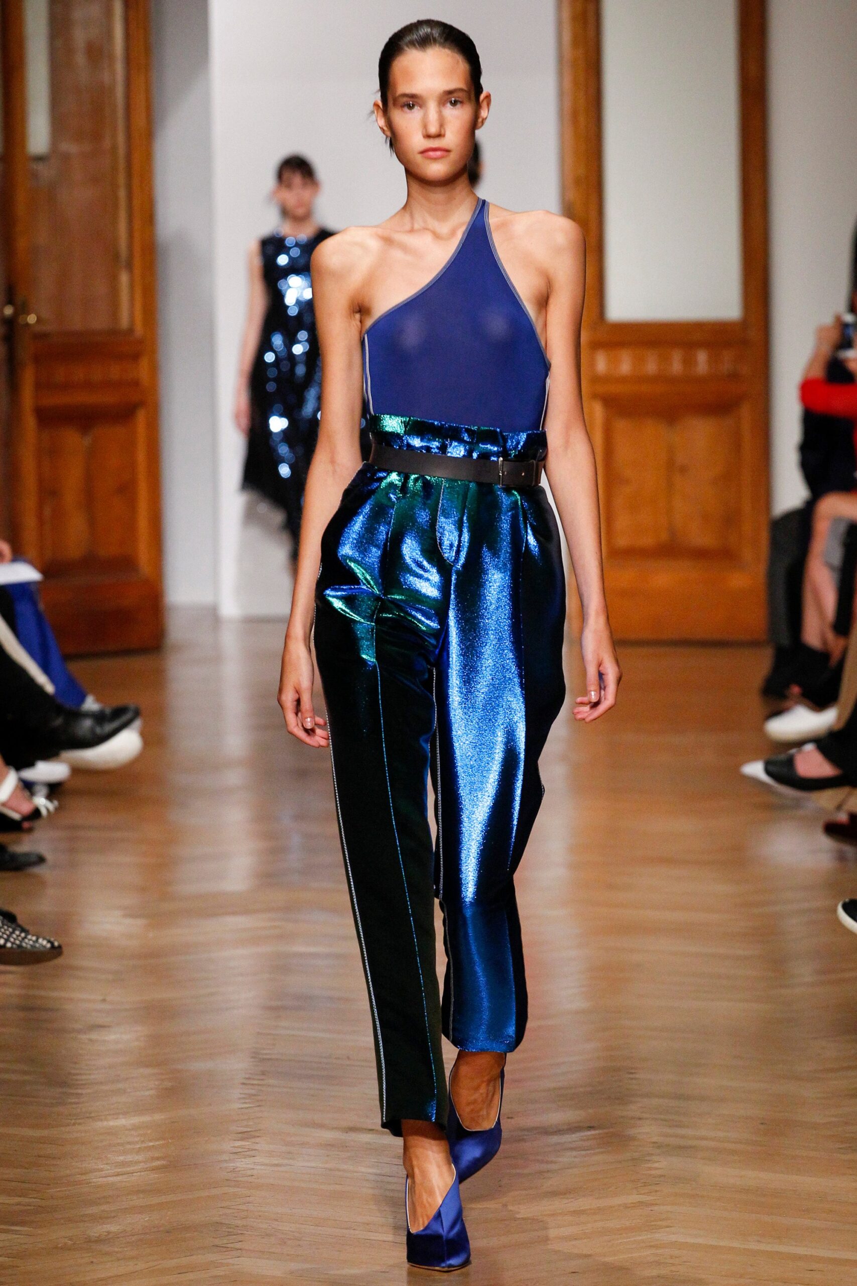 blue silk bodysuit with shiny pants