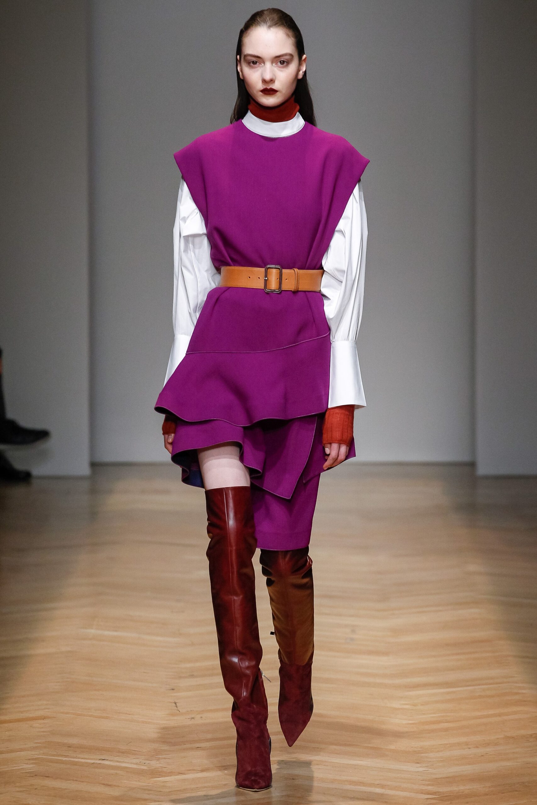 purple cotton sleeveless high-neck fitted layered belted dress