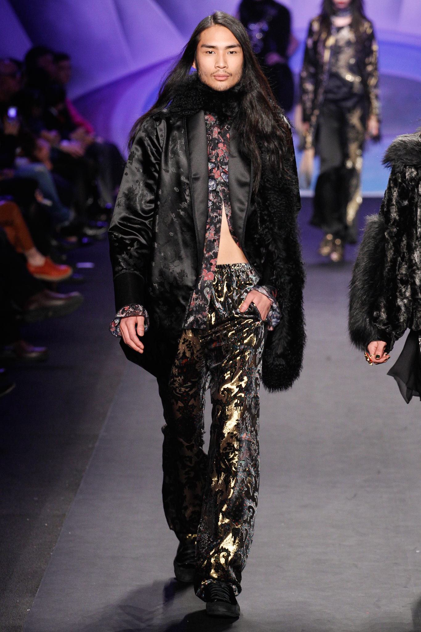 black silk jacket and embellished pants