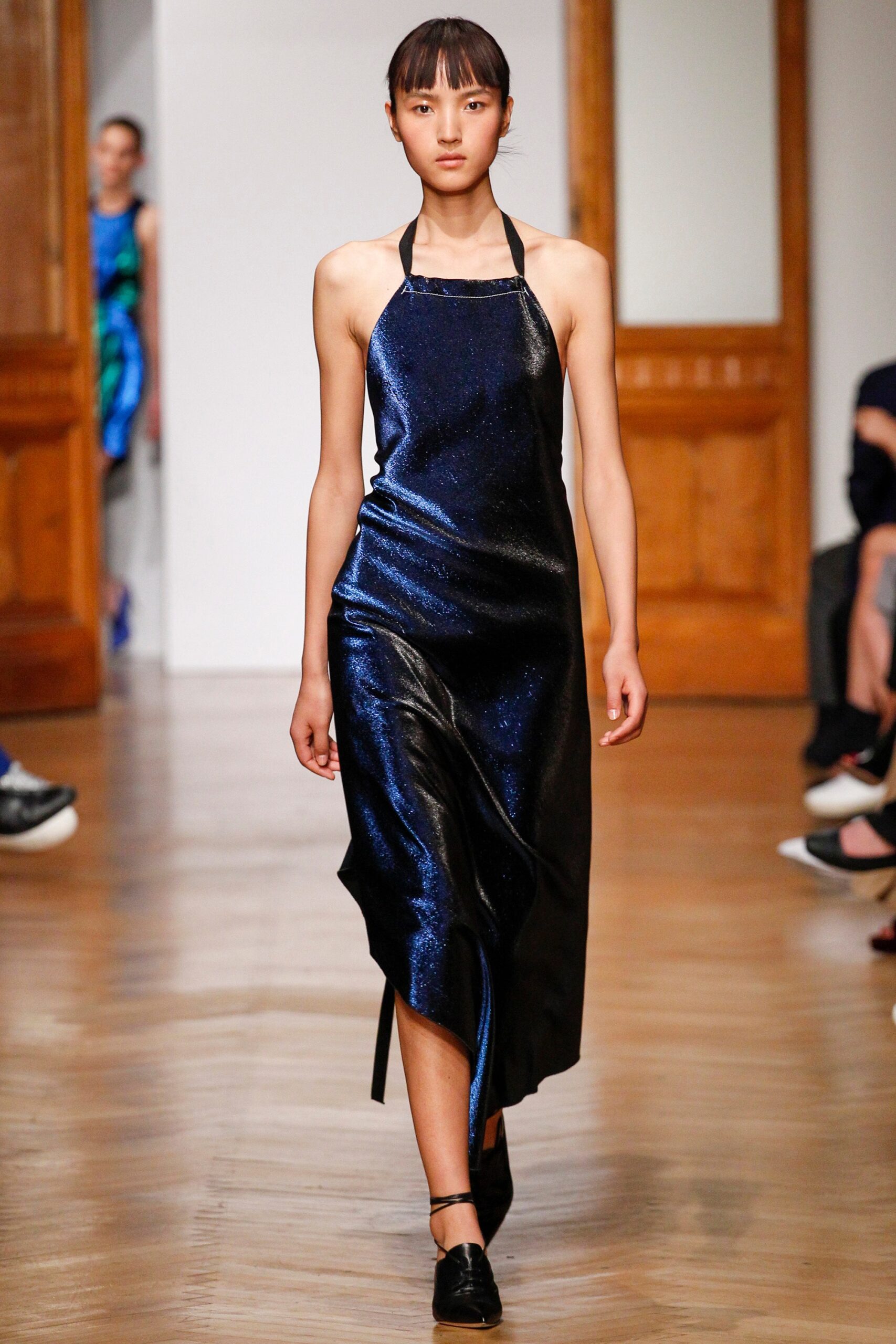 blue black silk halter dress