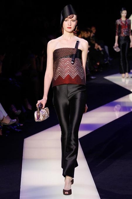 fitted red black top with silk pants