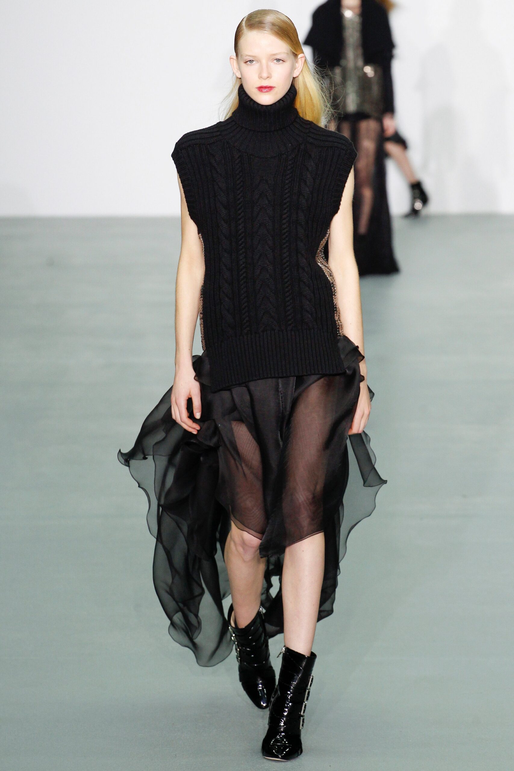 black wool turtleneck top with chiffon skirt