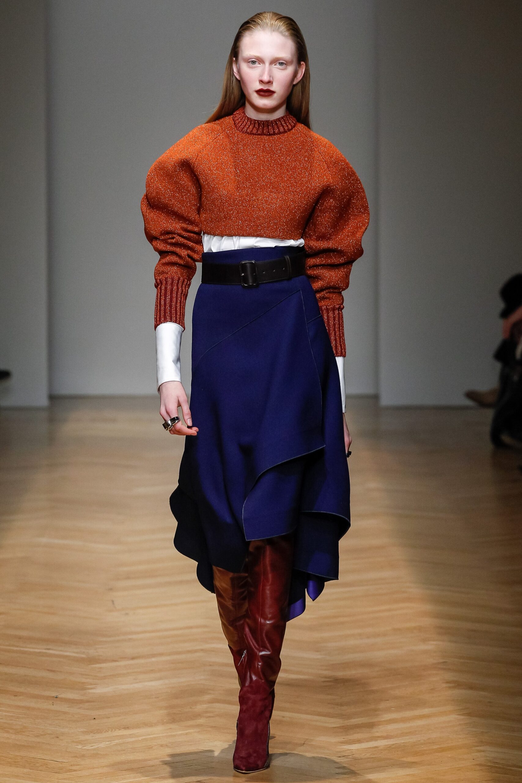 orange wool long-sleeve high-neck fitted padded sweater