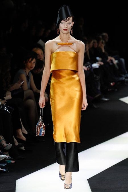yellow satin sleeveless off-shoulder fitted straight-leg shiny dress