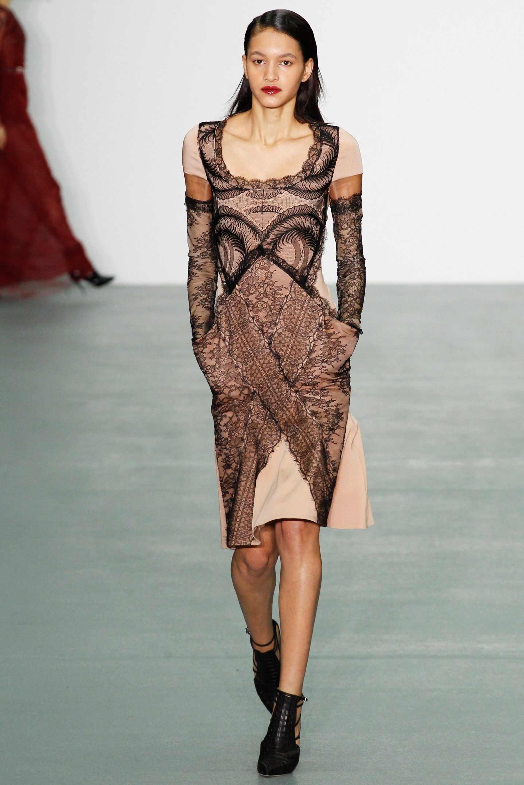 beige and black lace dress