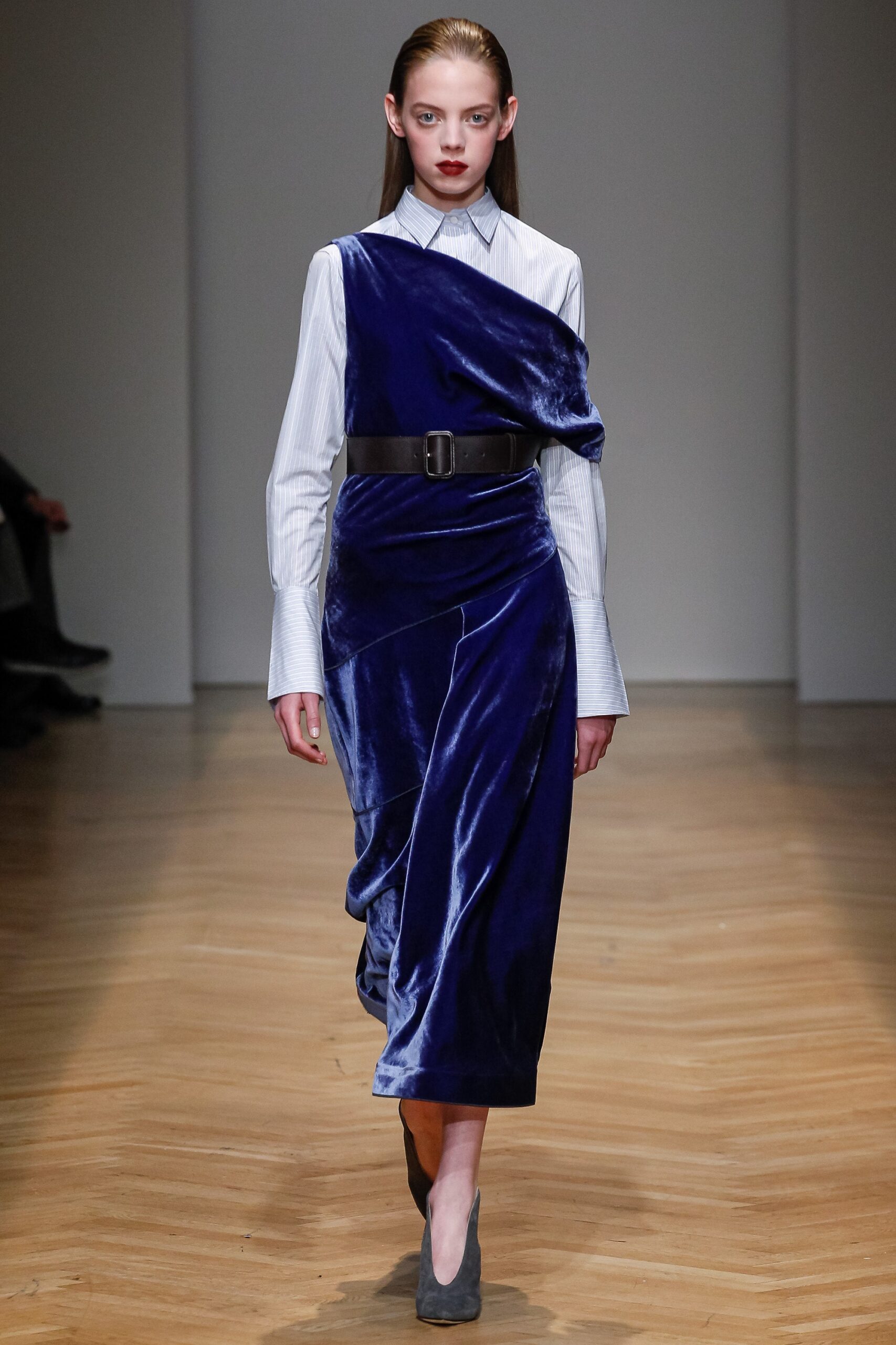 blue velvet sleeveless v-neck fitted draped midi dress