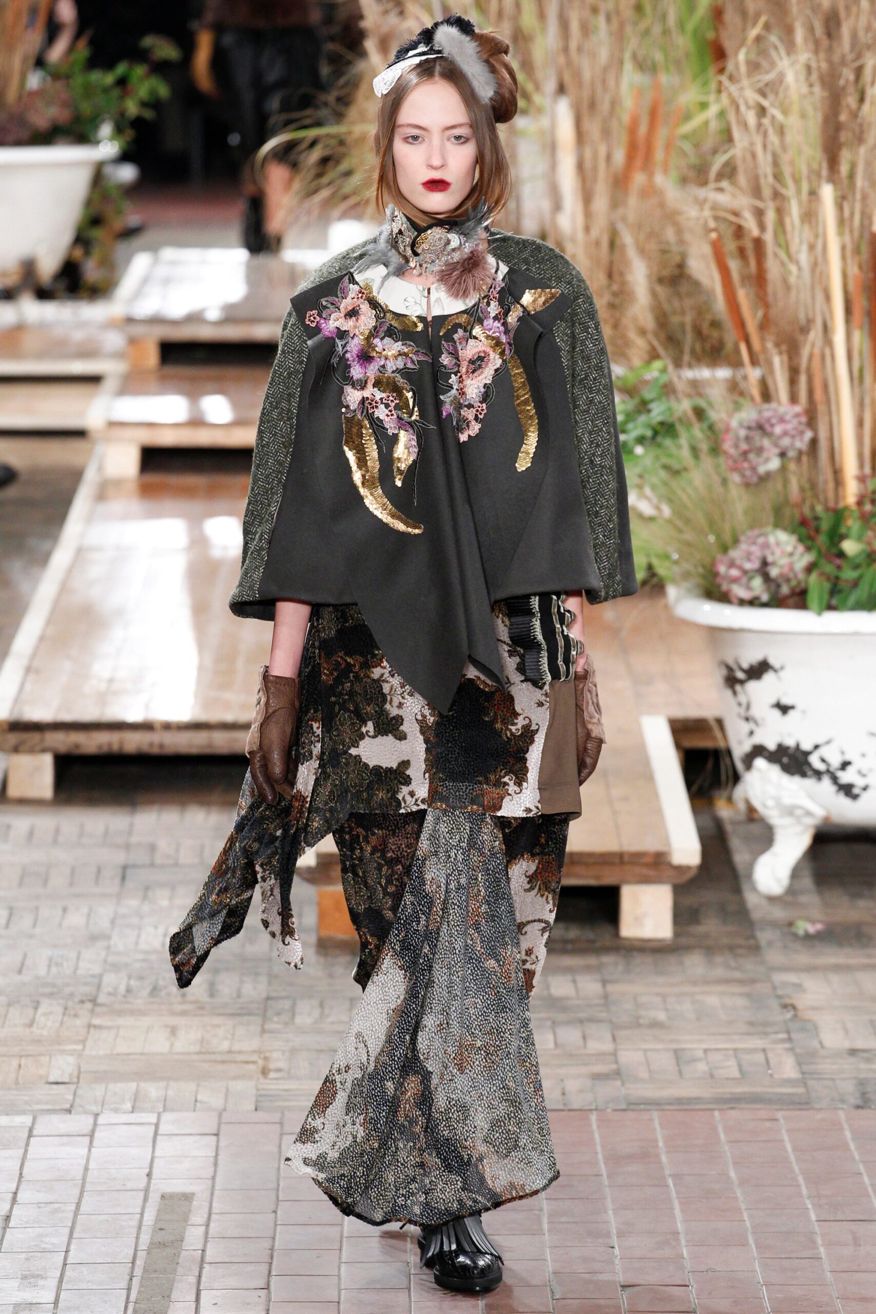 black wool cape and brown maxi dress