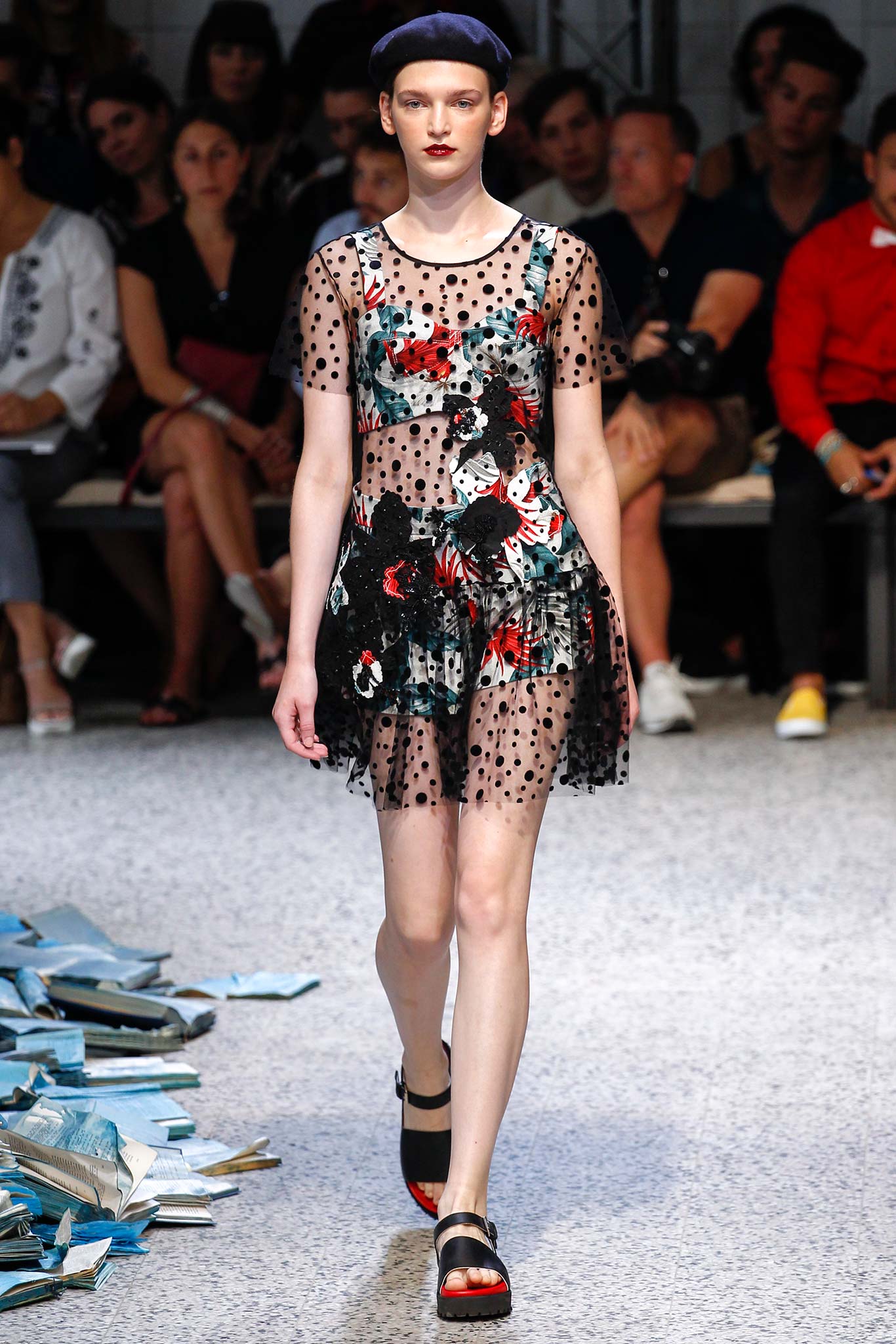 black polka-dot floral mini dress