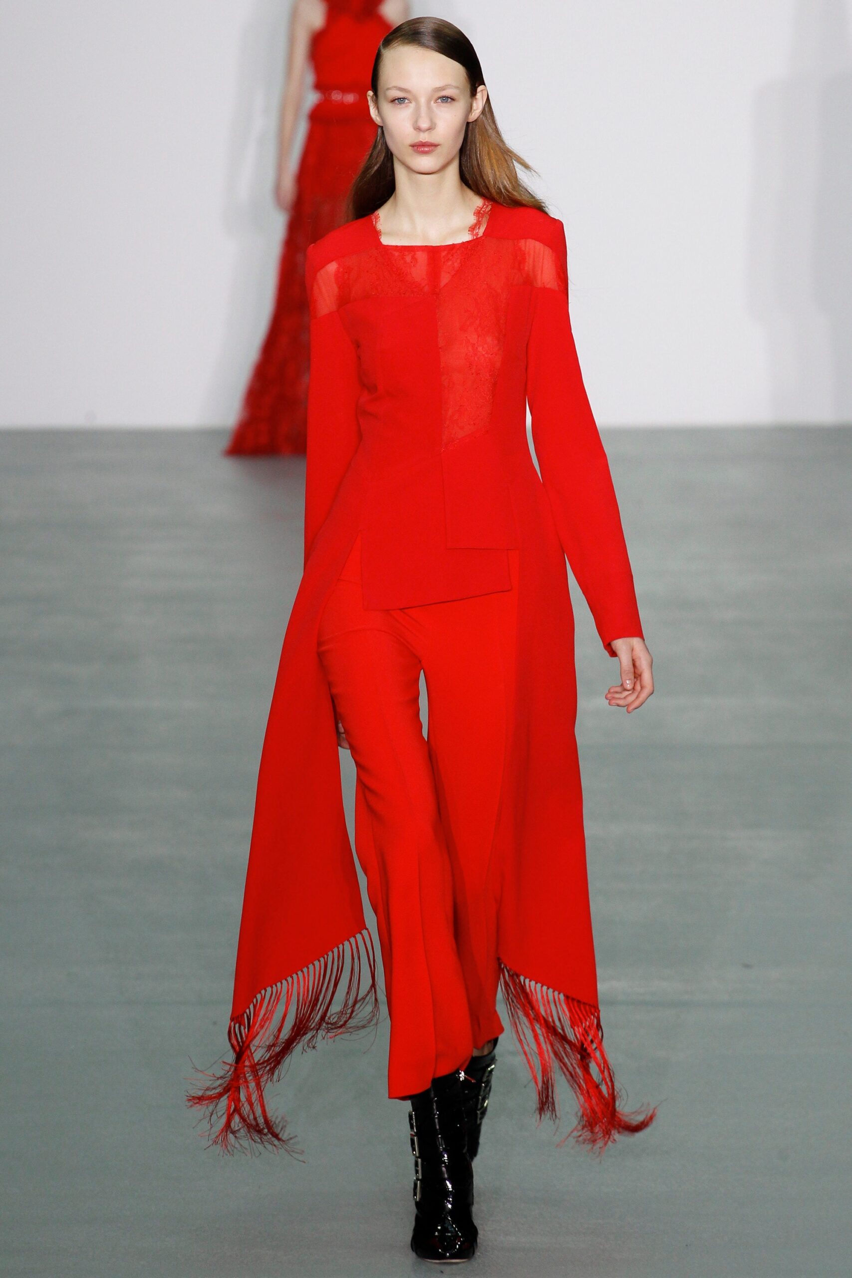 red fitted jacket and pants
