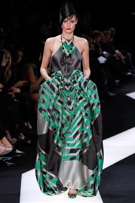 green and black silk gown
