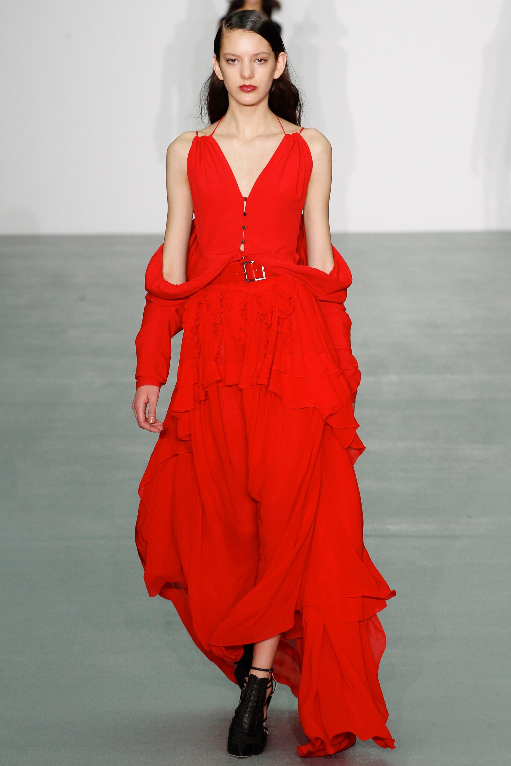 red silk sleeveless v-neck fitted layered ruffled dress