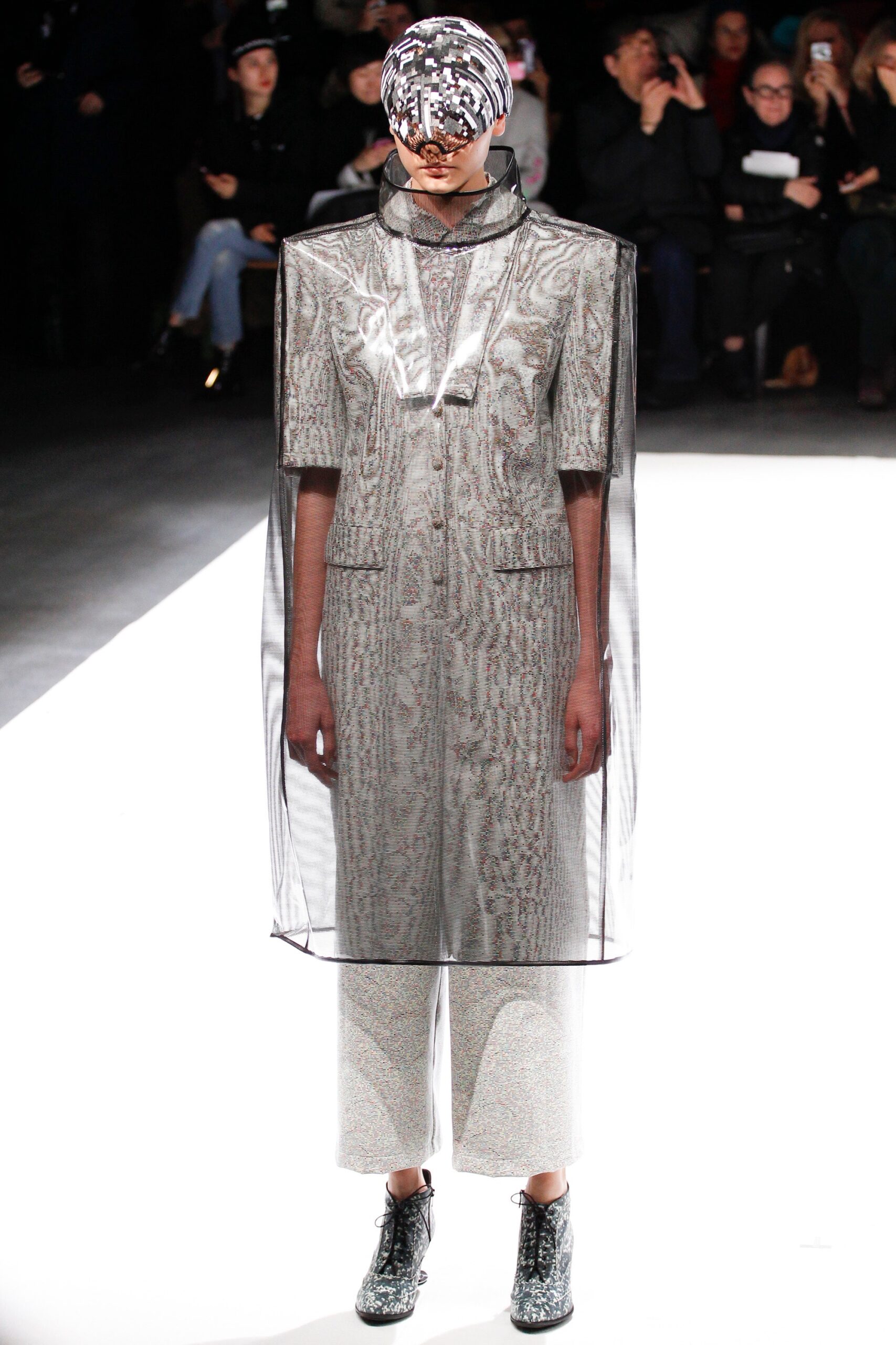 silver mesh jacket with wide-leg pants