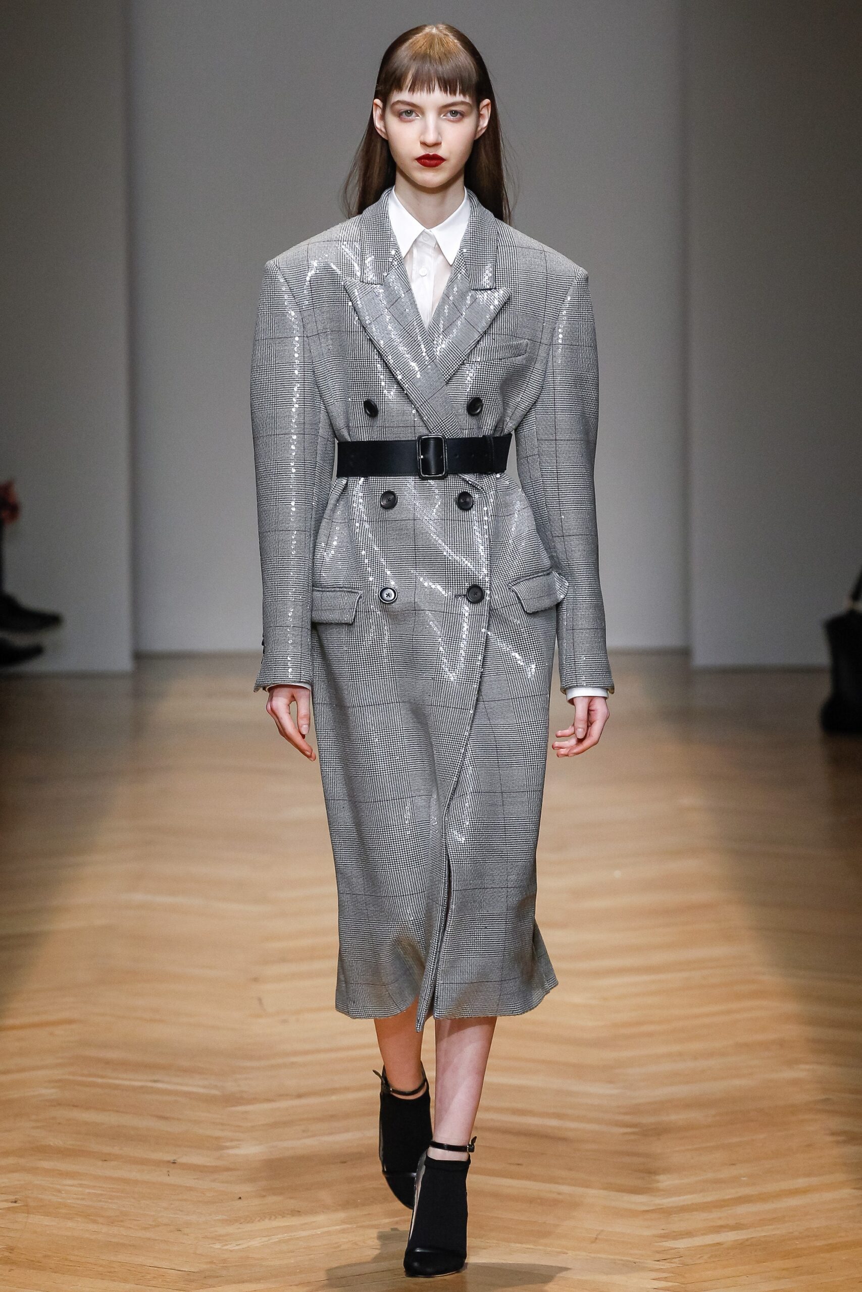 gray vinyl belted midi dress