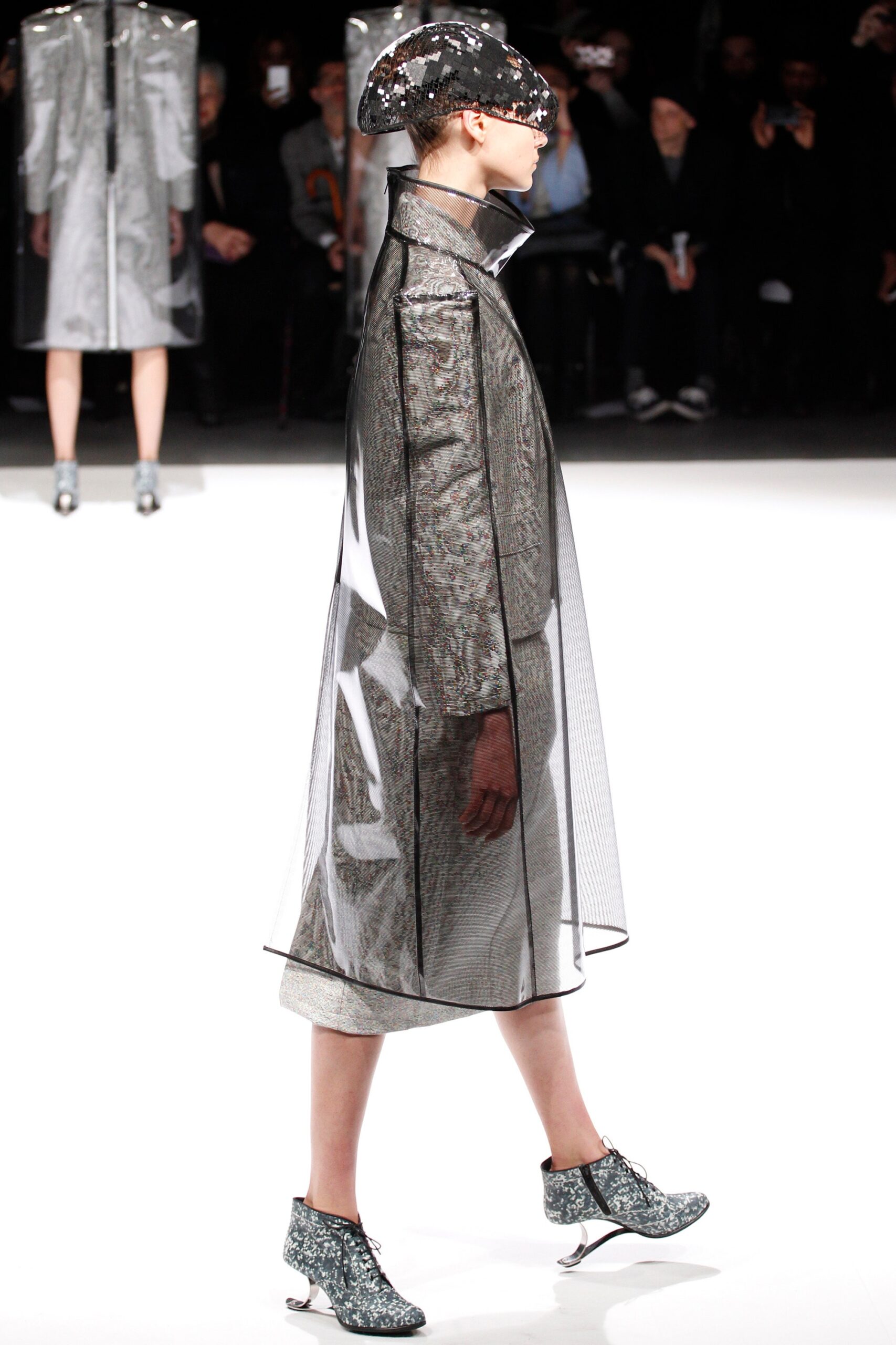 silver vinyl coat gray silk dress