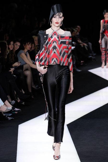 red silk long-sleeve collared fitted printed top