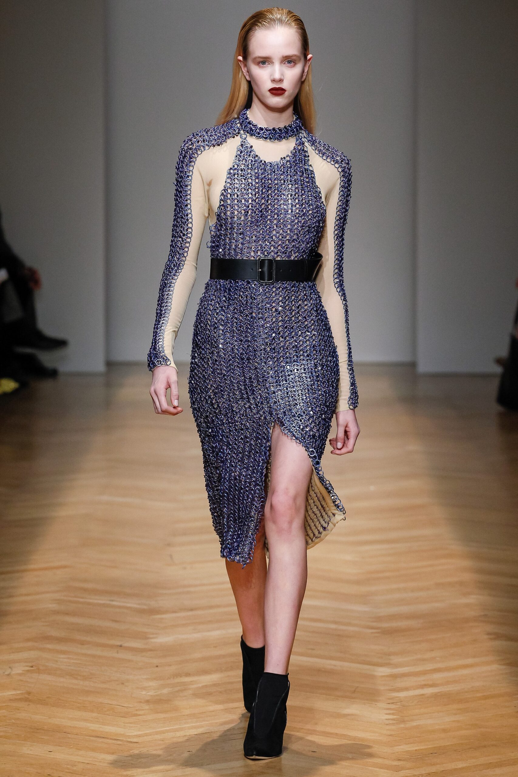 blue mesh sleeveless high-neck fitted sheer midi dress