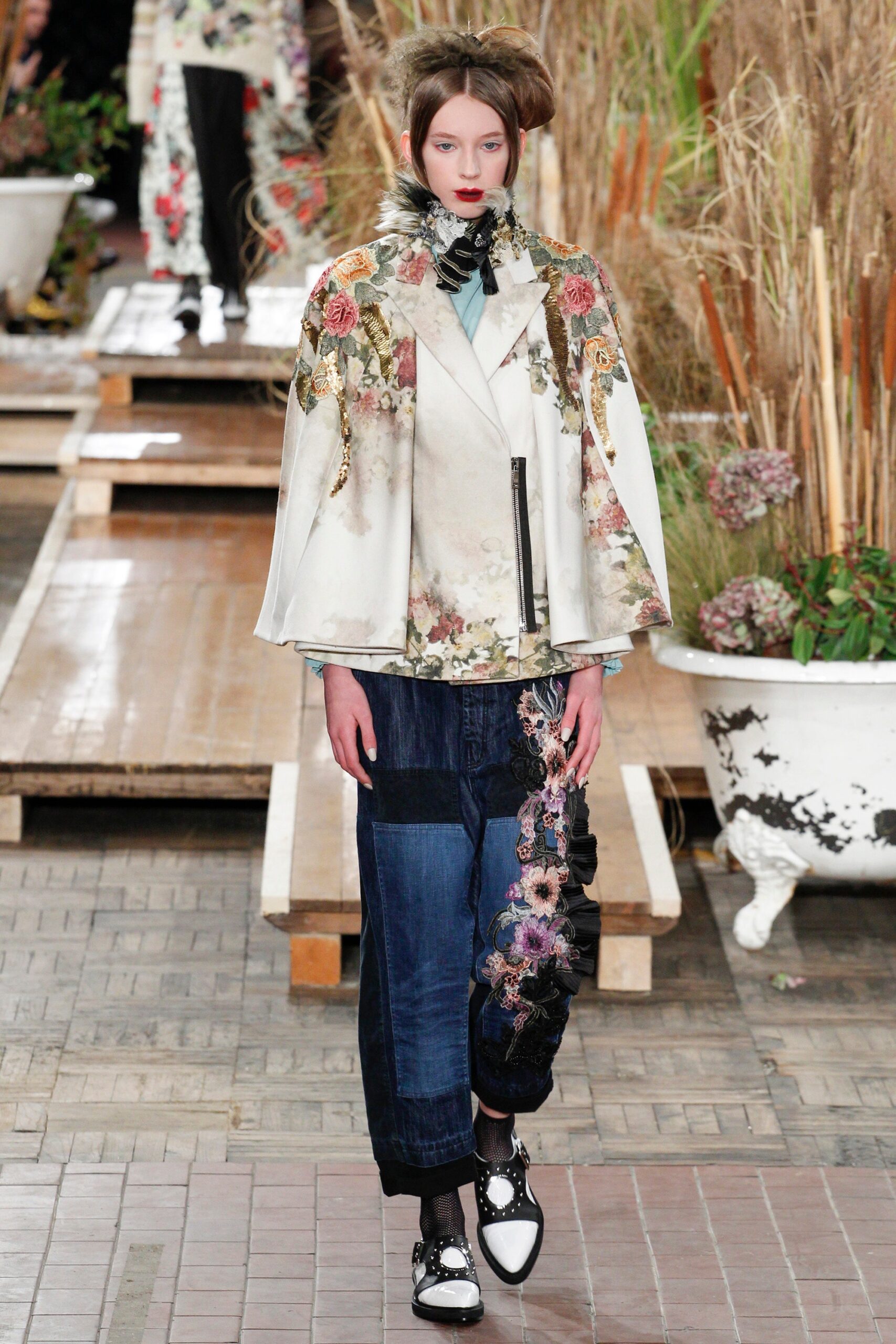 blue denim relaxed distressed flared pants
