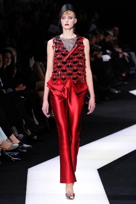 red silk fitted top and pants