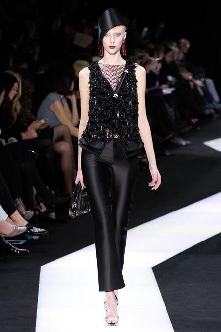 black silk fringed top and tailored pants