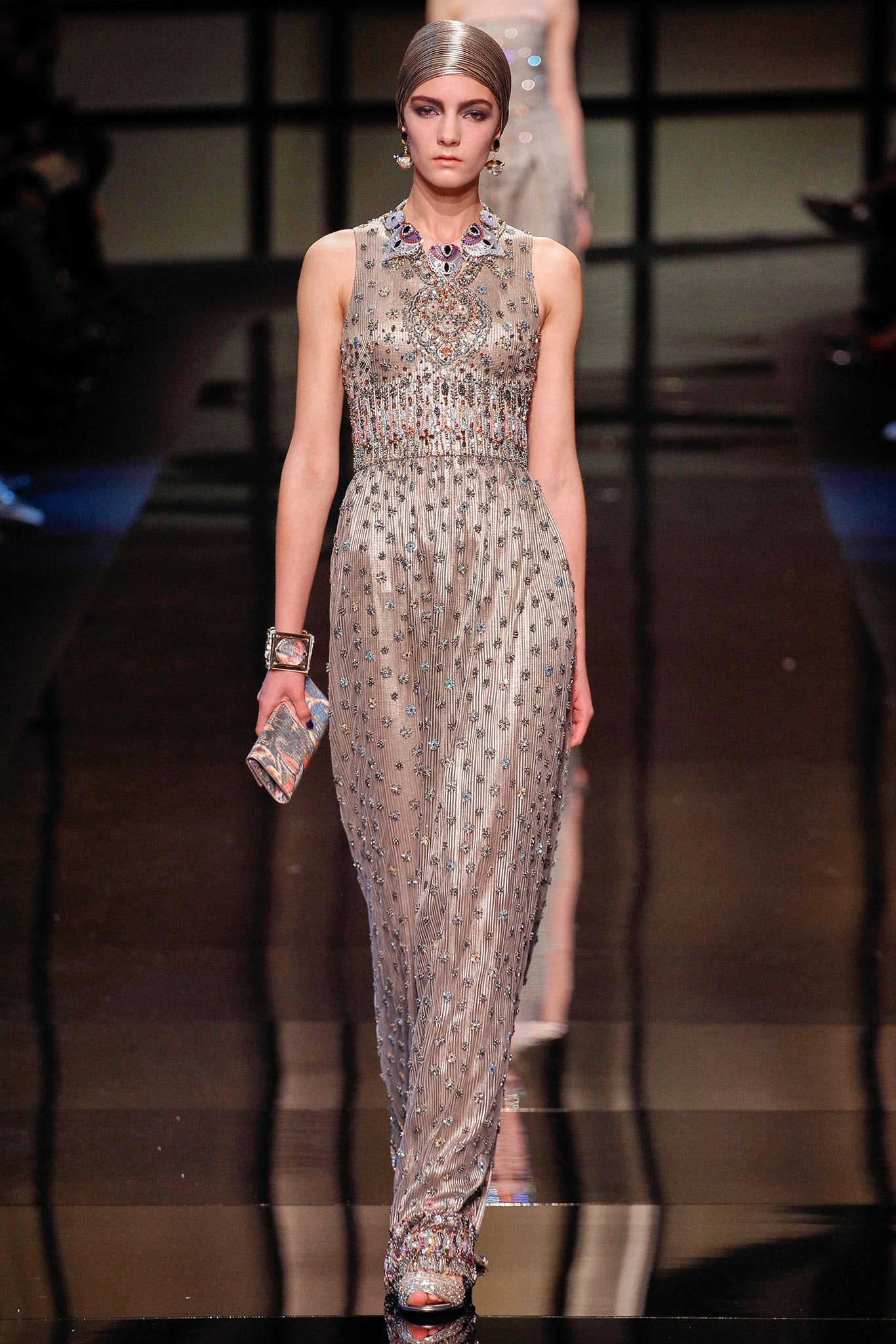 silver beaded sleeveless gown