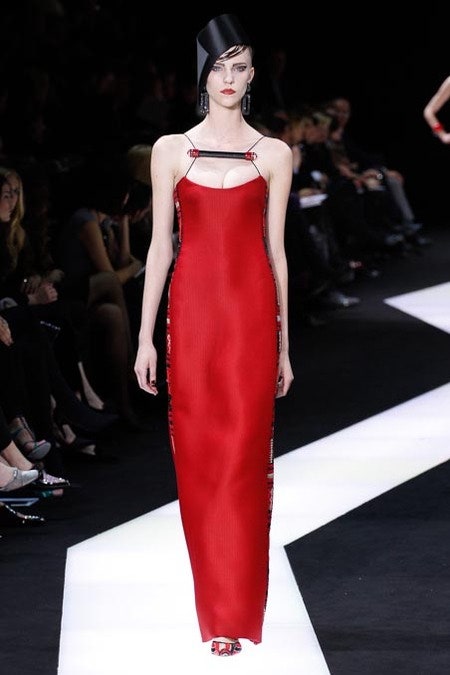 fitted red silk gown