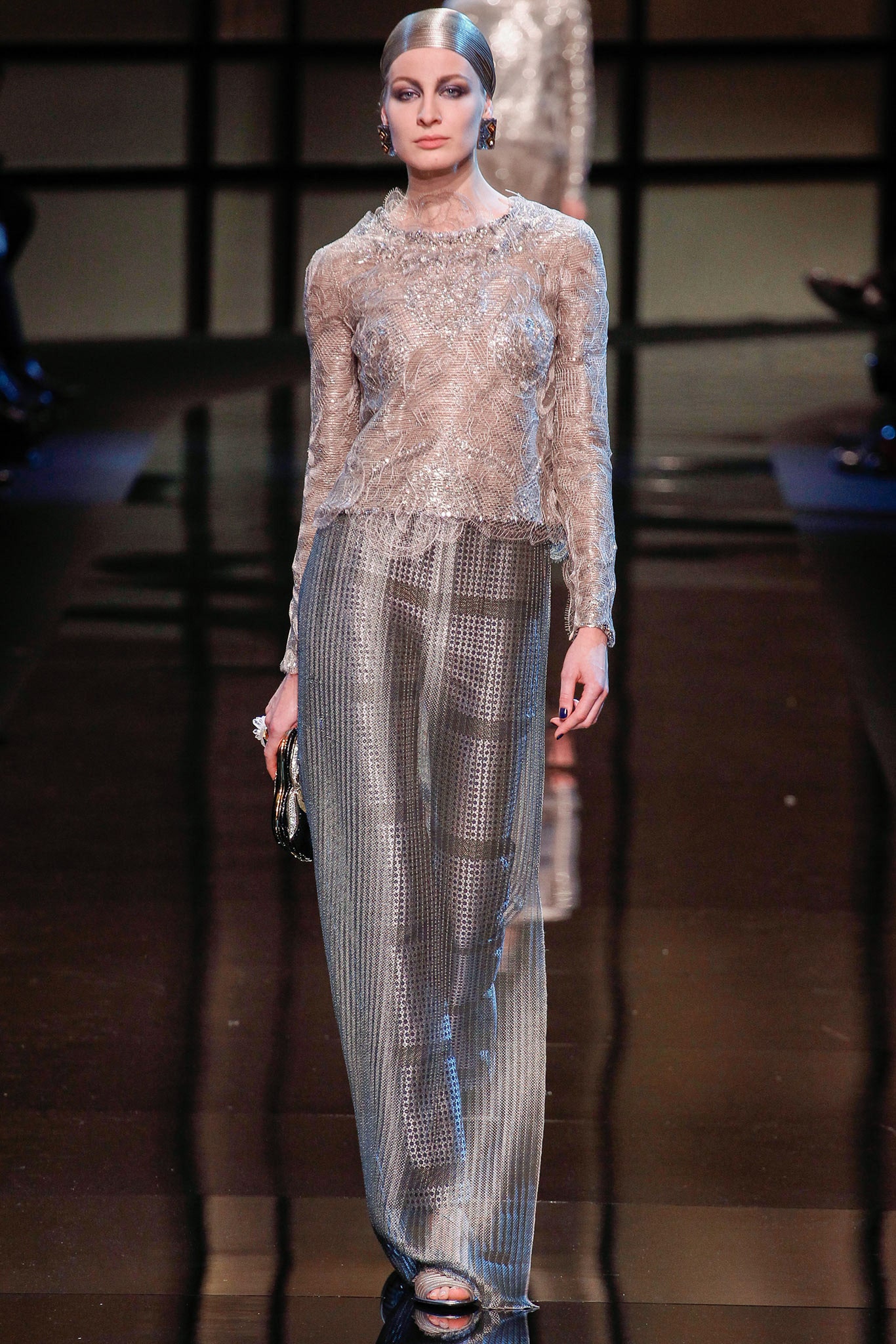 silver lace fitted top and wide-leg pants