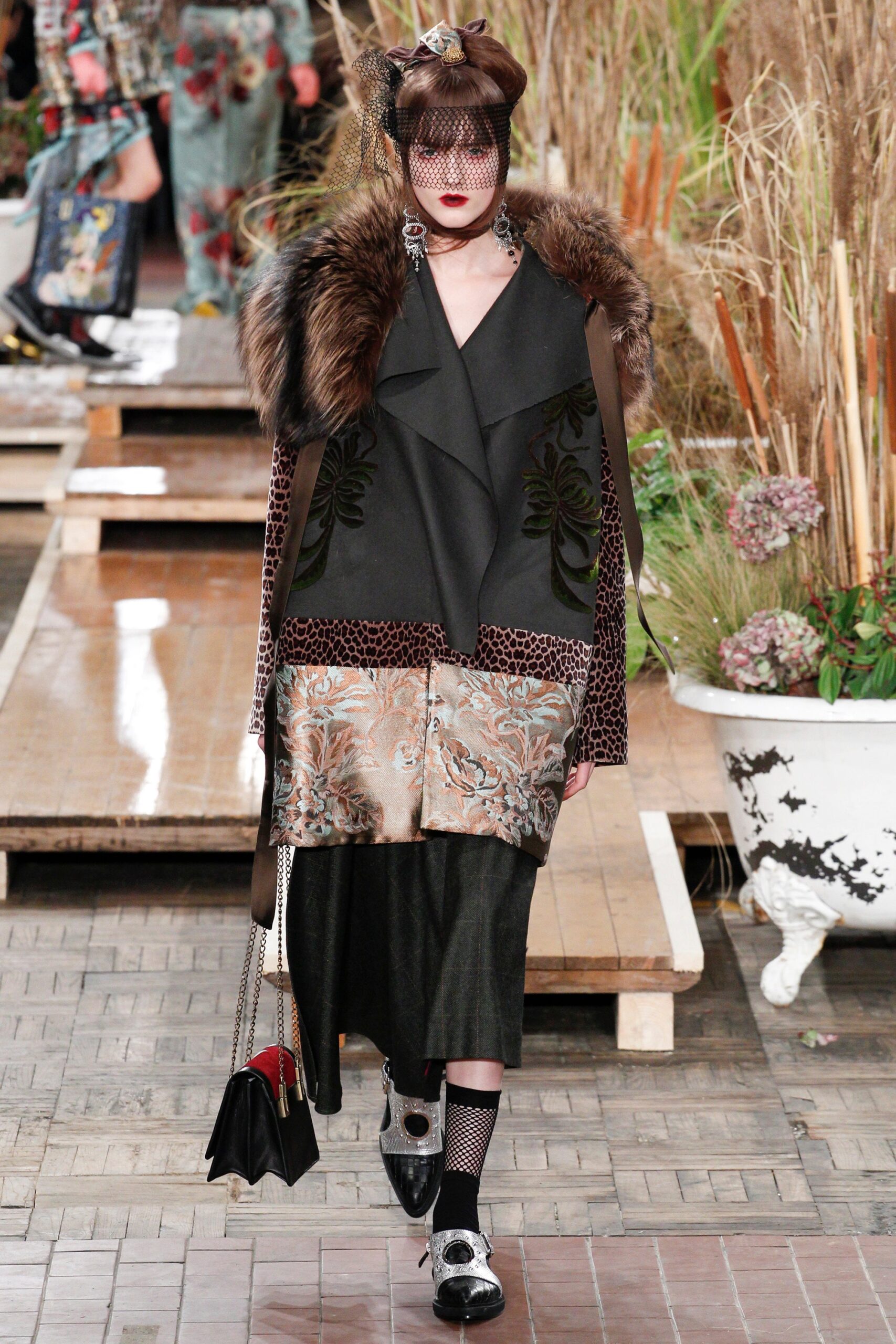 black wool long-sleeve collared relaxed embroidered layered coat