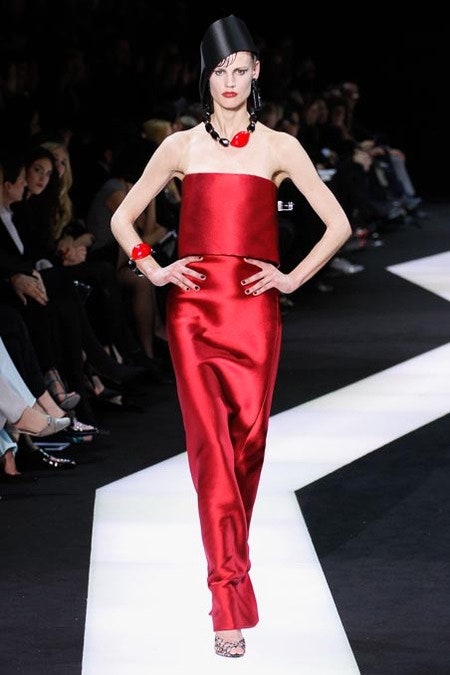 fitted red silk gown