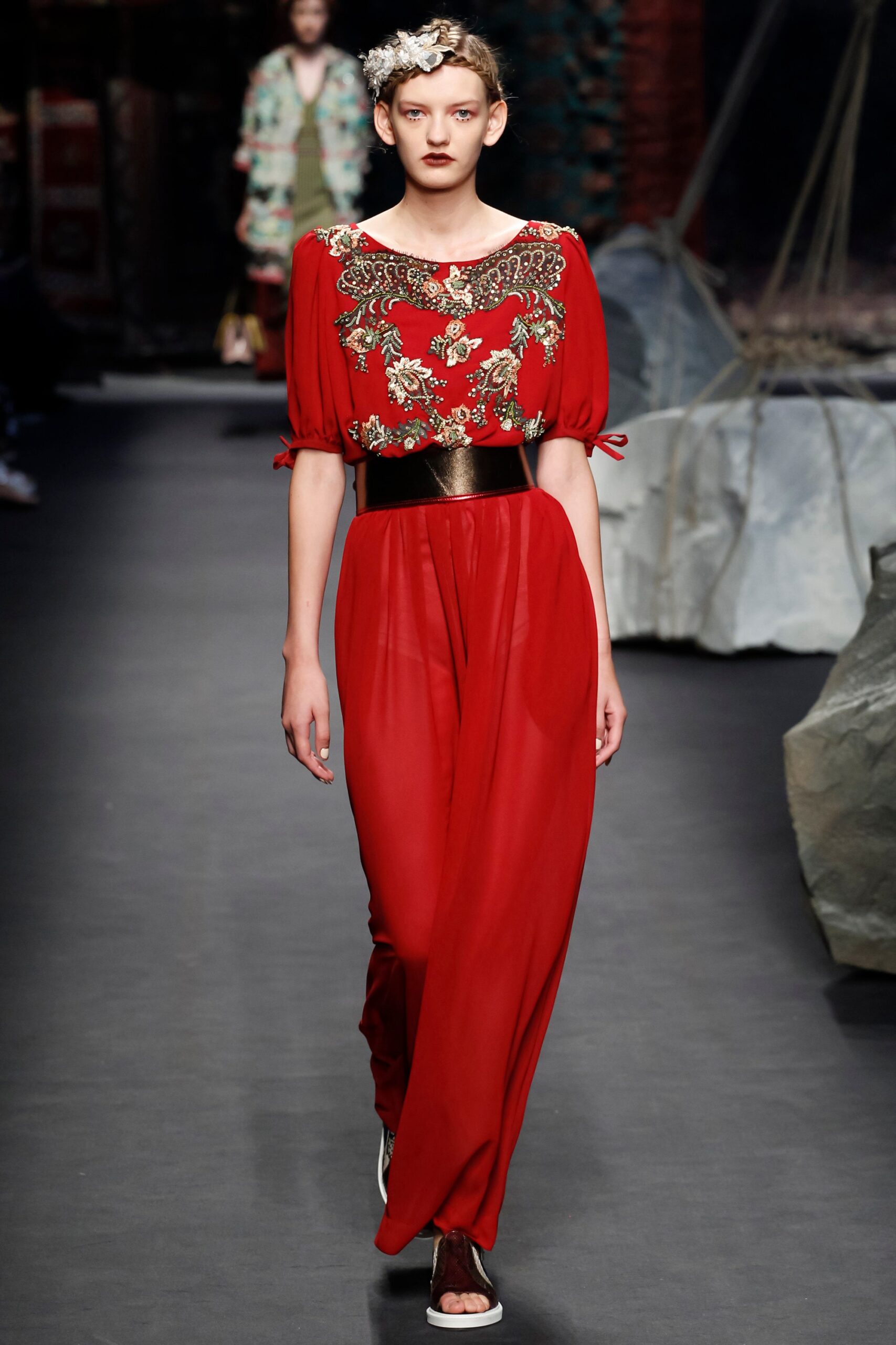 red silk short-sleeve v-neck relaxed embroidered tiered dress
