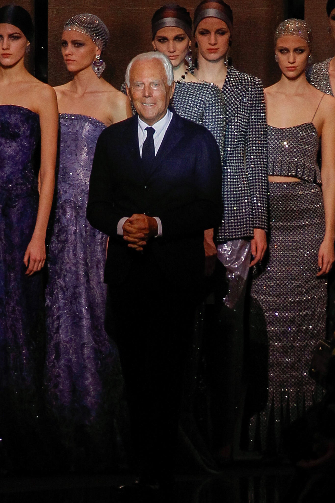 purple and gray sequined gowns