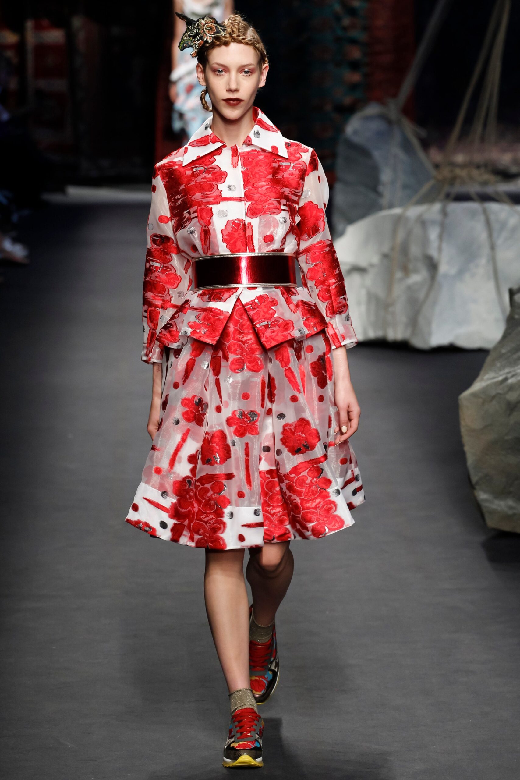 red cotton long-sleeve collared fitted flared printed dress