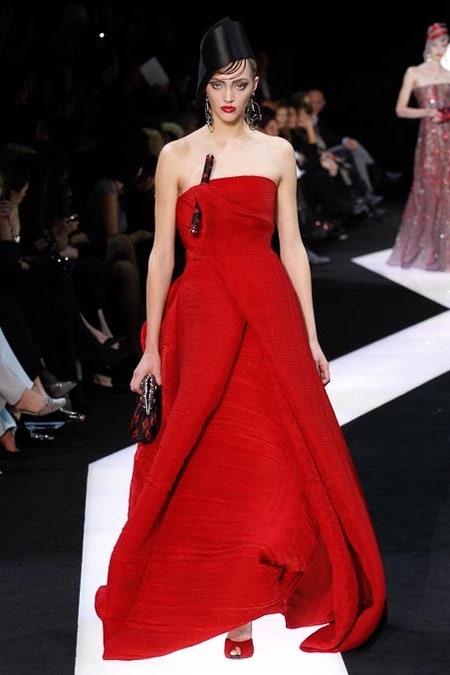 red silk strapless gown