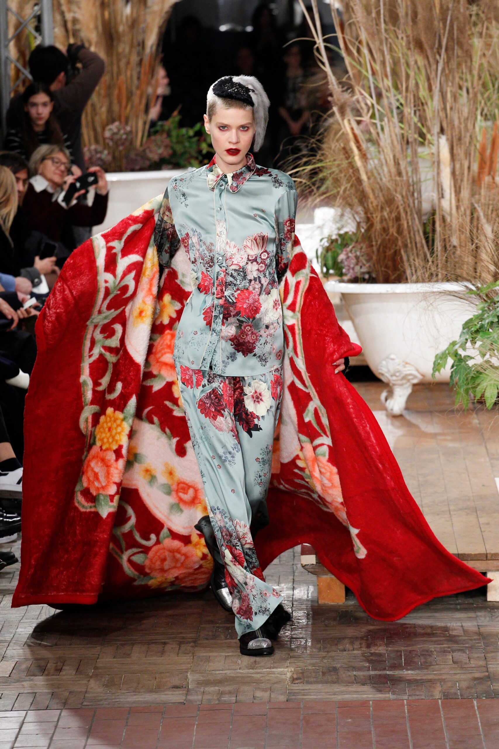 red embroidered silk coat with floral pants