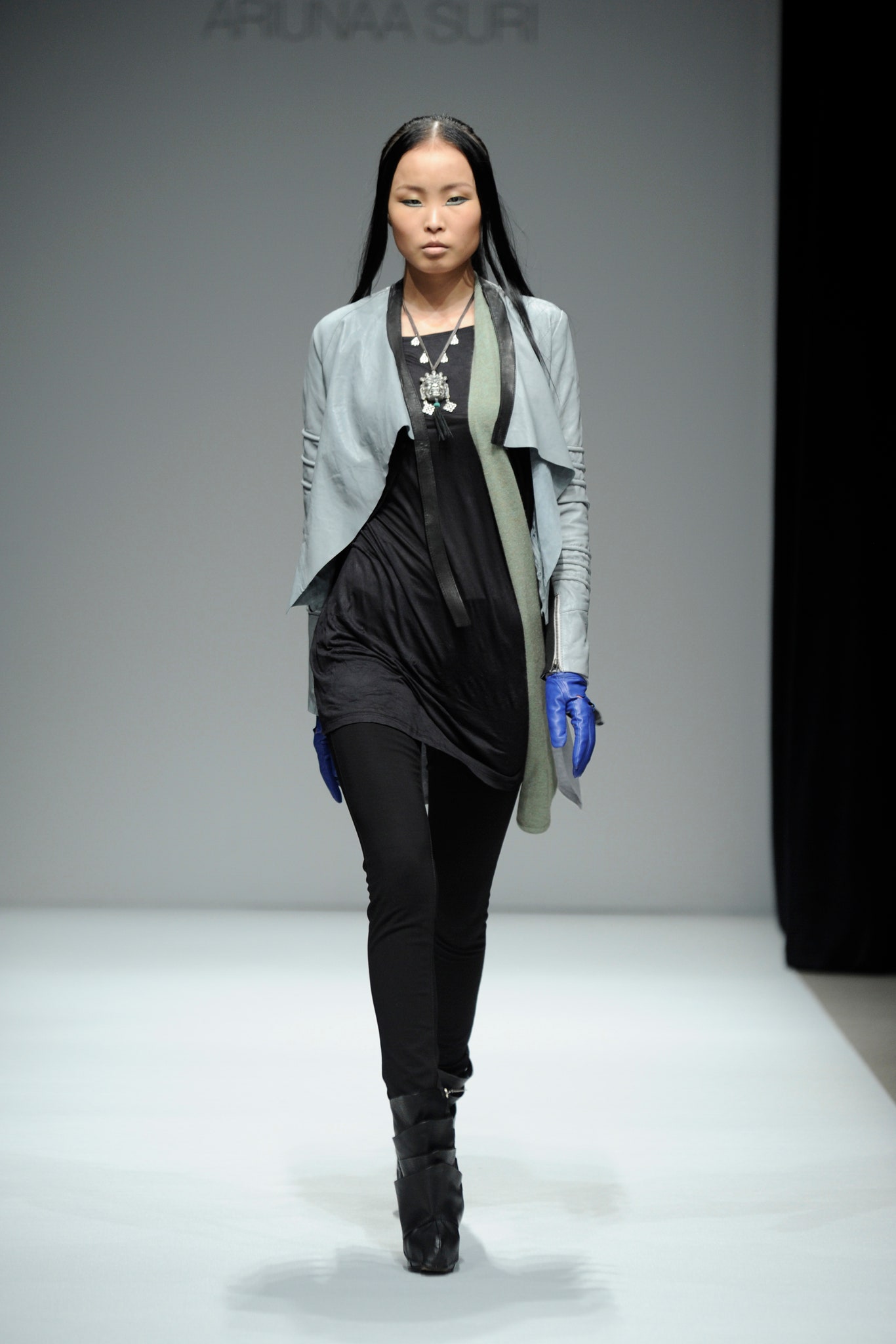 gray top black dress slim pants