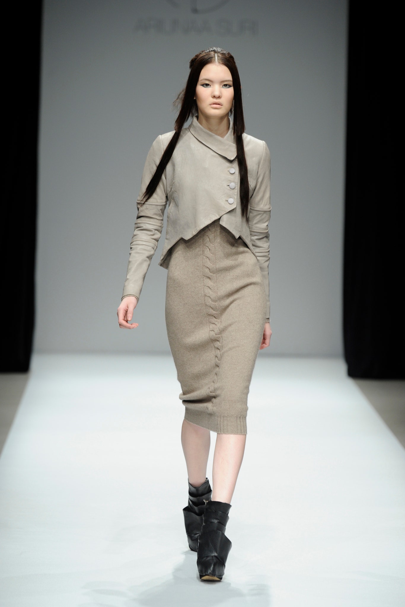 beige jacket gray midi dress