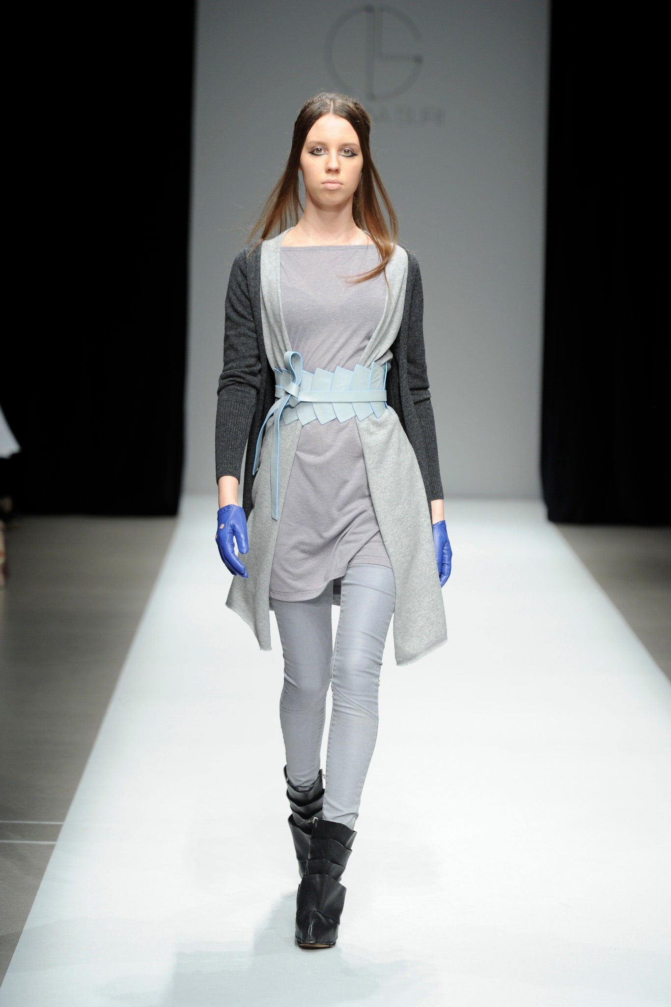 gray fitted dress with black cardigan