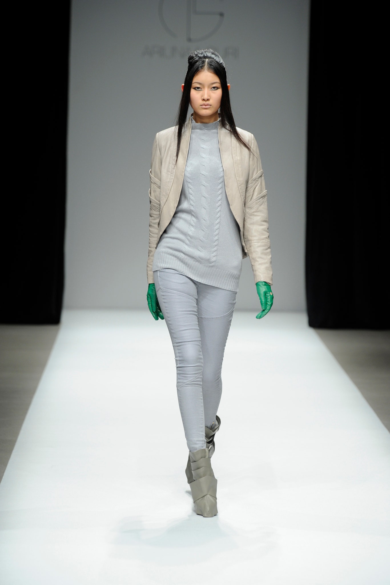 beige leather jacket with gray outfit