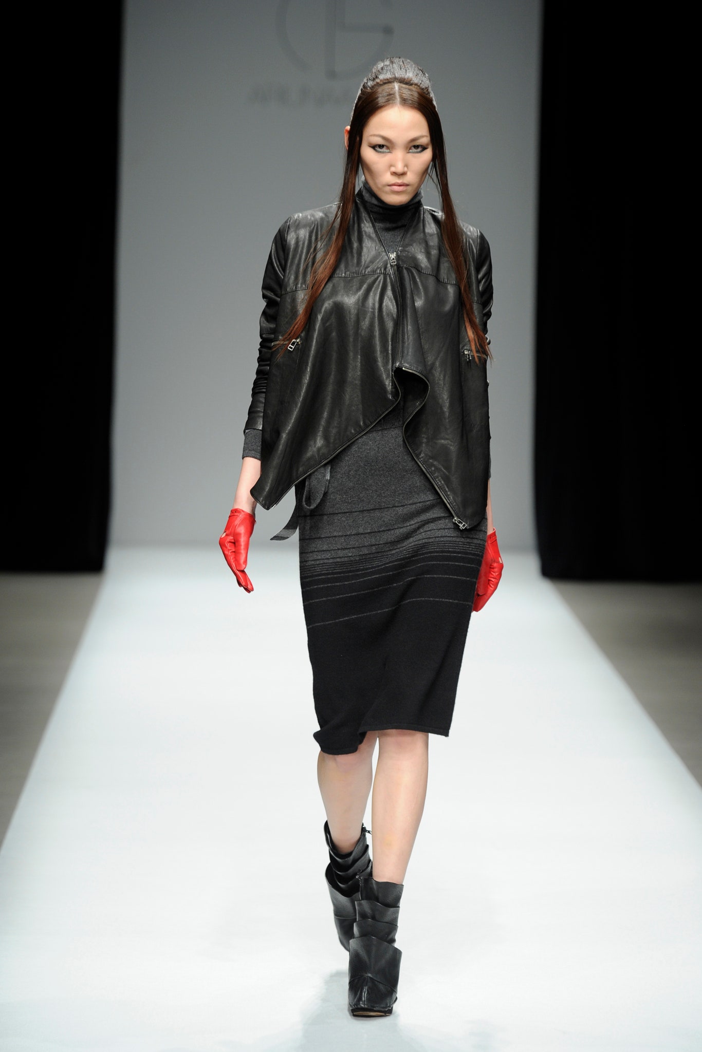 black fitted dress with leather jacket