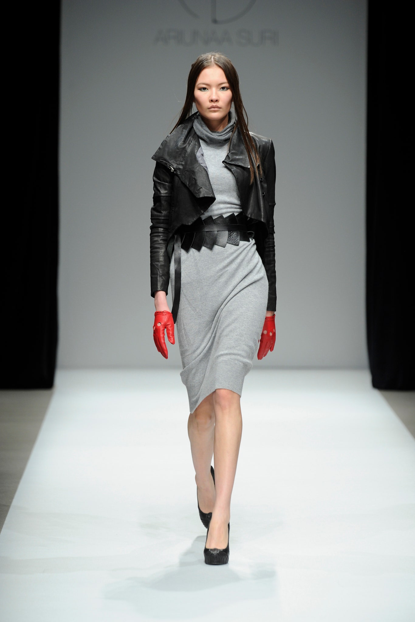 gray fitted midi dress with black leather jacket