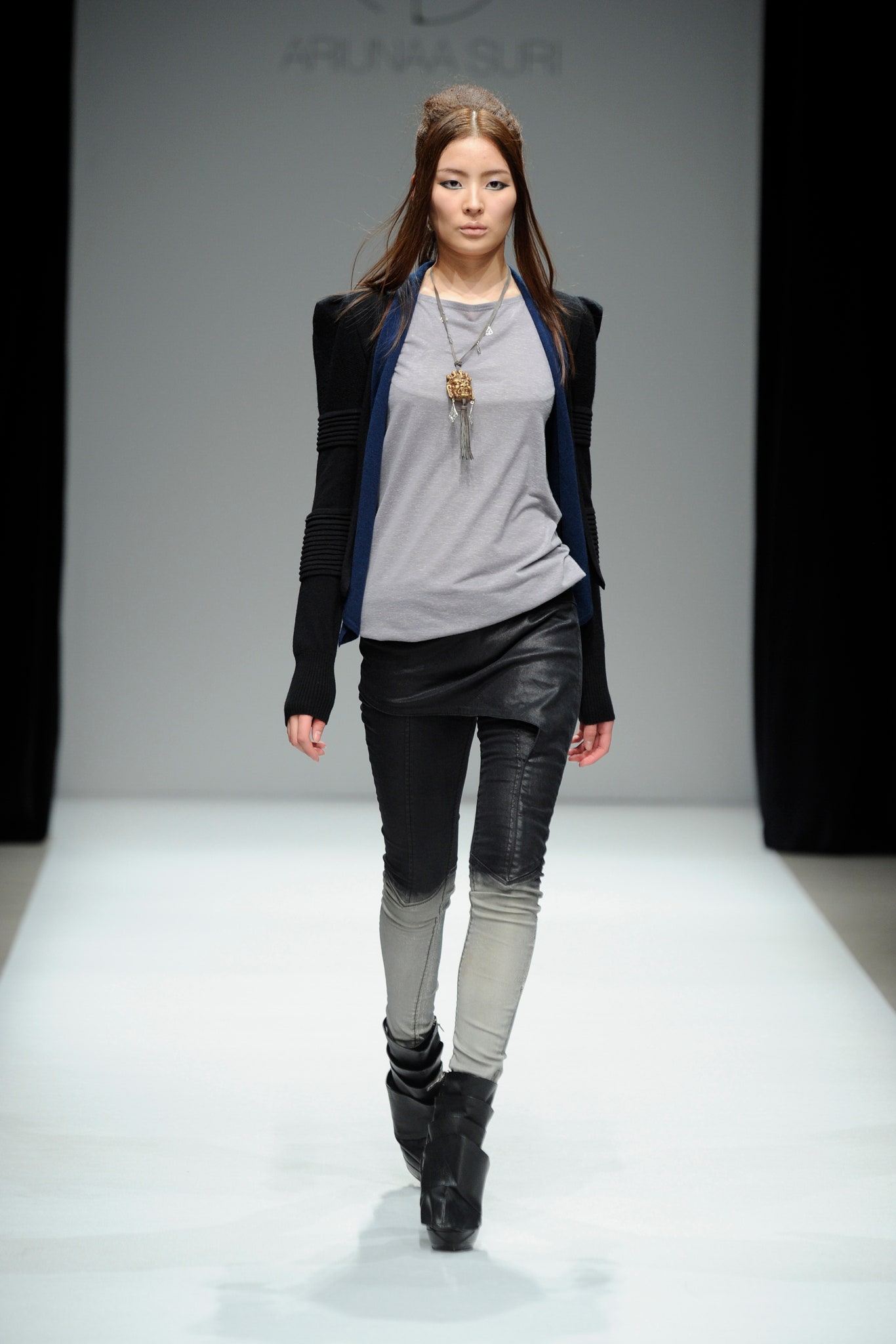 gray fitted top with black jacket