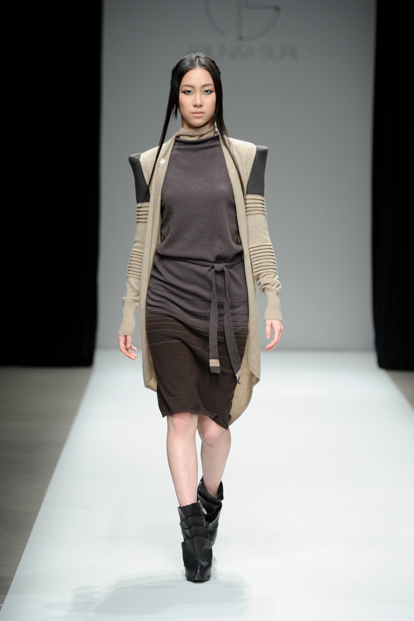 gray and brown color-blocked dress with cardigan