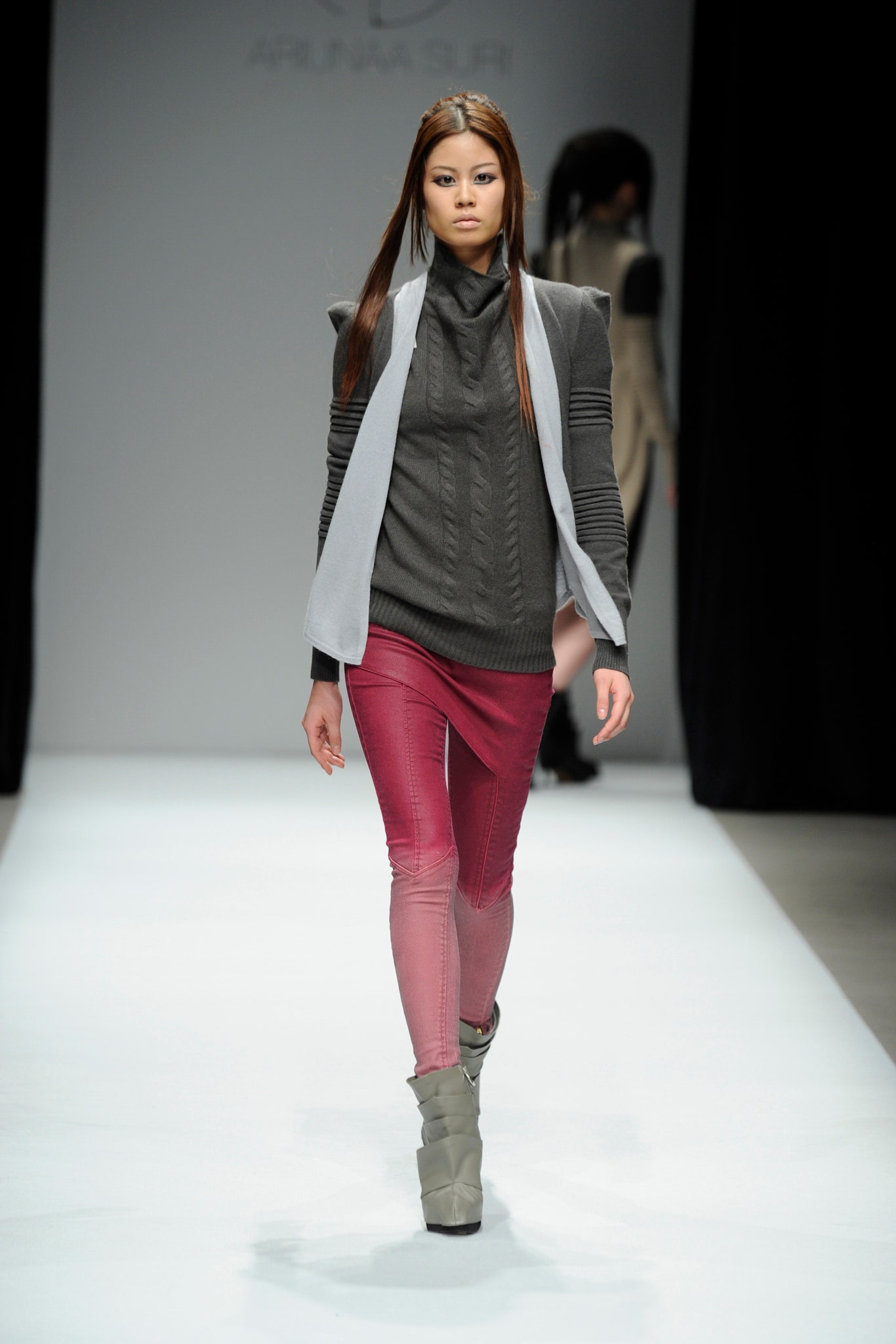 gray wool long-sleeve high-neck fitted zippered top