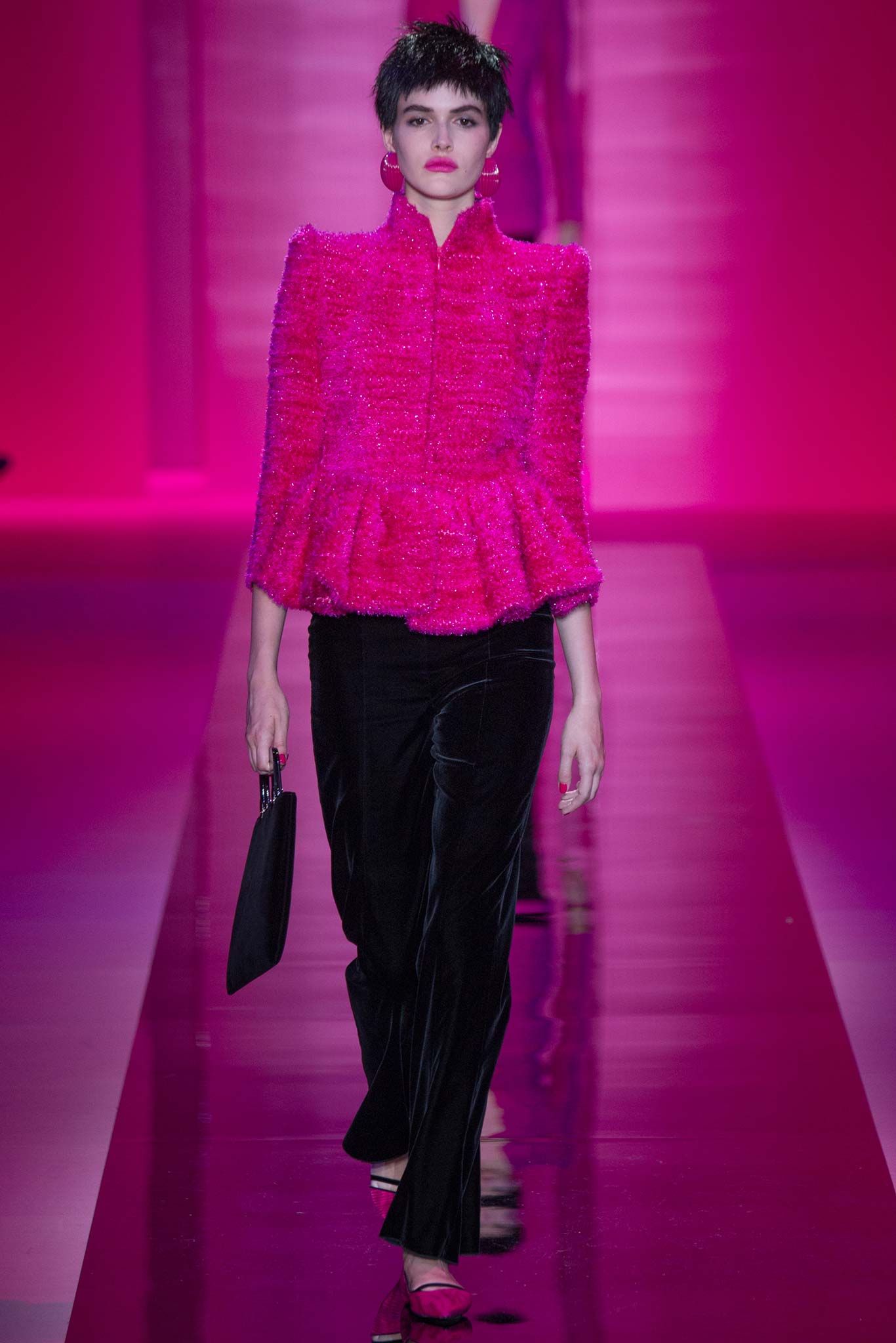 pink tweed long-sleeve collared structured ruffled jacket