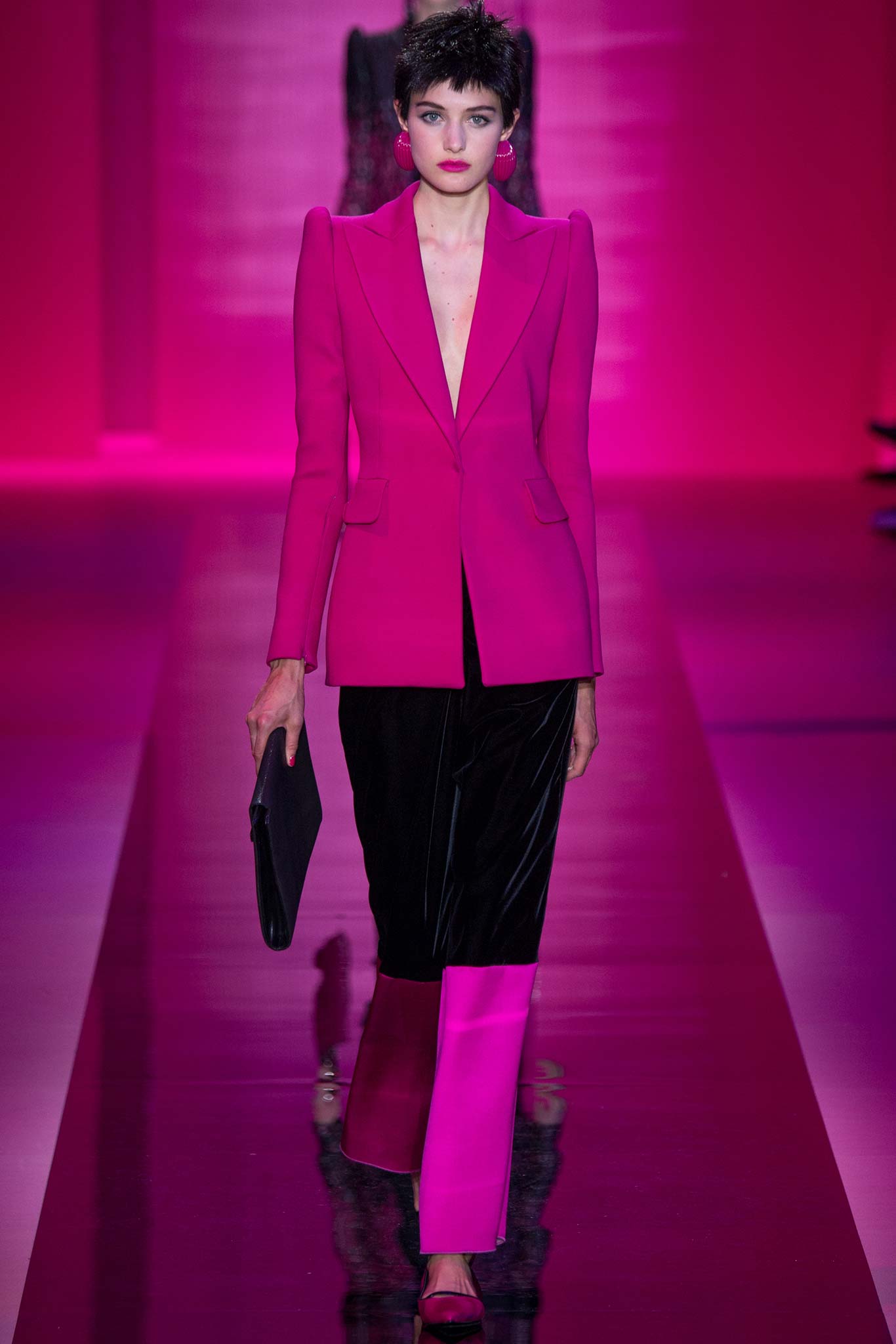 pink silk long-sleeve v-neck tailored structured blazer